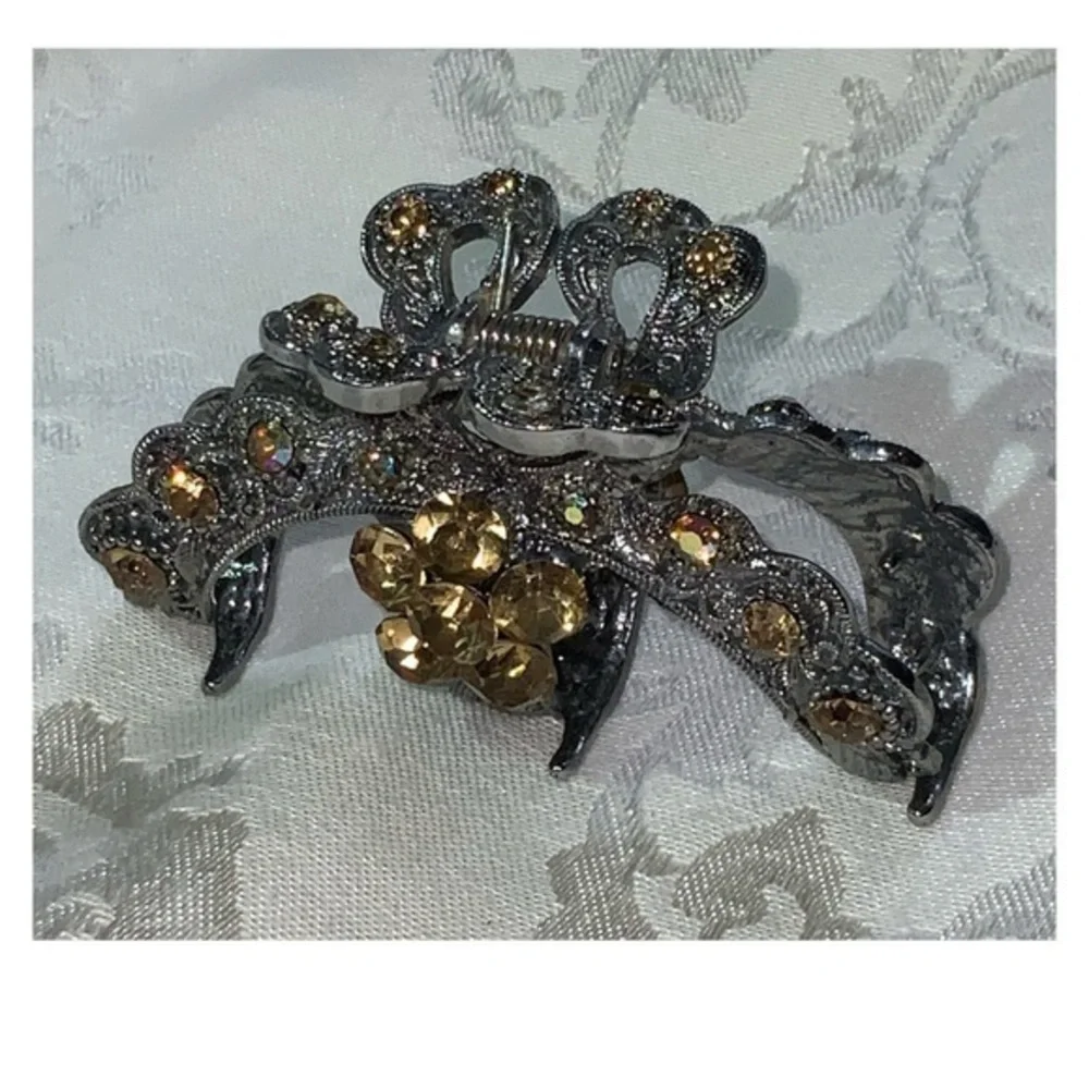 Silver Ornate Golden Yellow Bejeweled Heavy Spring Sparkly 3” Hair Clip